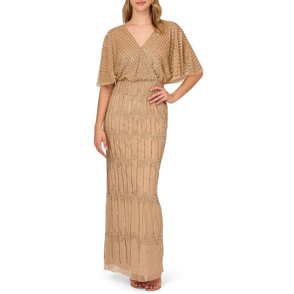 Adrianna Papell Womens 10 Champagne Gold Beaded Sequin Surplice Gown Maxi L13-14 - Picture 1 of 14